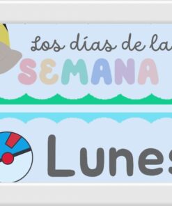 Un cartel enmarcado con colores pastel reza "Los días de la SEMANA" en la parte superior con un sombrero de Pikachu, y "Lunes" debajo junto a una Poké Ball.