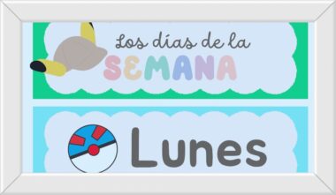 Un cartel enmarcado con colores pastel reza "Los días de la SEMANA" en la parte superior con un sombrero de Pikachu, y "Lunes" debajo junto a una Poké Ball.