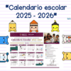 Lápices y lápices de colores de dibujos animados infantiles rodean un calendario escolar oficial mexicano 2025-2026. El texto "Calendario escolar 2025 - 2026" aparece en la parte superior, con papel rayado como fondo.