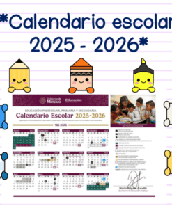 Lápices y lápices de colores de dibujos animados infantiles rodean un calendario escolar oficial mexicano 2025-2026. El texto "Calendario escolar 2025 - 2026" aparece en la parte superior, con papel rayado como fondo.