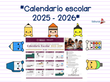 Lápices y lápices de colores de dibujos animados infantiles rodean un calendario escolar oficial mexicano 2025-2026. El texto "Calendario escolar 2025 - 2026" aparece en la parte superior, con papel rayado como fondo.