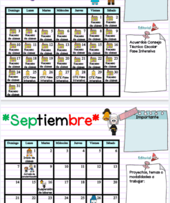 Dos coloridos calendarios escolares para agosto y septiembre, con iconos de profesores y niños. El de agosto muestra las fechas de inicio de las clases, los días festivos, las reuniones del CTE y notas importantes. Septiembre destaca el Día de la Independencia y recordatorios de proyectos.