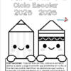 Calendario escolar C.E. 2025 - 2026 para docentes y alumnos. 6 Portada de un calendario escolar 2025-2026 con dos dibujos sonrientes de un lápiz y un crayón. Incluye instrucciones para marcar asistencia y emociones diarias, y el logo de Editorial MD.
