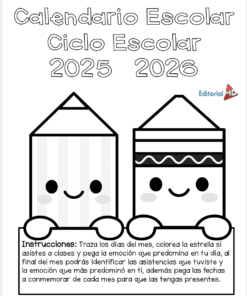 Portada de un calendario escolar 2025-2026 con dos dibujos sonrientes de un lápiz y un crayón. Incluye instrucciones para marcar asistencia y emociones diarias, y el logo de Editorial MD.
