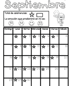 Calendario español en blanco y negro para septiembre con estrellas que marcan la asistencia en varios días. Incluye un apartado para el seguimiento de las emociones predominantes con caritas sonrientes y un personaje de dibujos animados en la parte superior derecha.