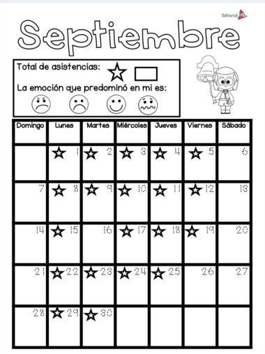 Calendario español en blanco y negro para septiembre con estrellas que marcan la asistencia en varios días. Incluye un apartado para el seguimiento de las emociones predominantes con caritas sonrientes y un personaje de dibujos animados en la parte superior derecha.