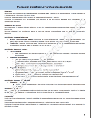 Documento educativo en español titulado "Planeación Didáctica: La Marcha de las Jacarandas". Plantea objetivos, estrategias de lectura y actividades para analizar un texto relacionado con el Día Internacional de la Mujer.