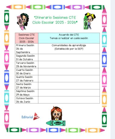Colorido calendario para el curso escolar CTE 2025-2026 con las fechas de diez sesiones, rodeadas de bordes de lápices de colores y niños de dibujos animados. Incluye una sección para los temas de las sesiones y los logotipos de Editorial MD y Crayola en la parte inferior.