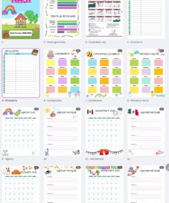 Una colorida agenda escolar con páginas ilustradas para datos personales, calendario escolar, directorio, cumpleaños, fechas importantes, resúmenes mensuales de agosto a diciembre y un mural, decorado con dibujos lúdicos y motivos estacionales.