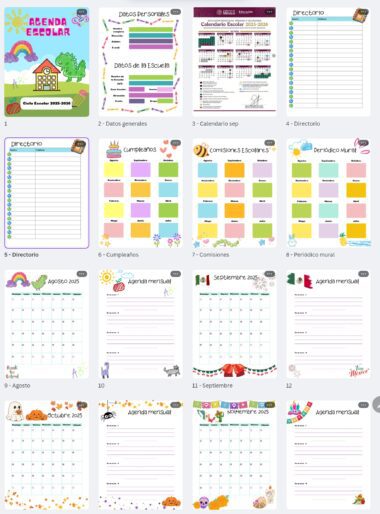 Una colorida agenda escolar con páginas ilustradas para datos personales, calendario escolar, directorio, cumpleaños, fechas importantes, resúmenes mensuales de agosto a diciembre y un mural, decorado con dibujos lúdicos y motivos estacionales.