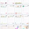 Una colorida agenda mensual con doce páginas de calendario ilustradas para cada mes de 2024, seguidas de páginas rayadas, secciones para notas y diseños decorativos de notas adhesivas en la parte inferior.