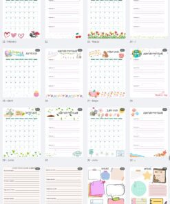 Una colorida agenda mensual con doce páginas de calendario ilustradas para cada mes de 2024, seguidas de páginas rayadas, secciones para notas y diseños decorativos de notas adhesivas en la parte inferior.