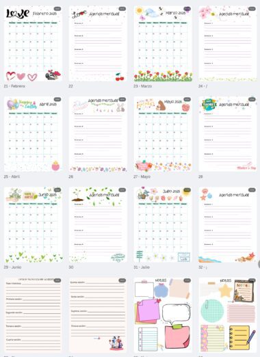 Una colorida agenda mensual con doce páginas de calendario ilustradas para cada mes de 2024, seguidas de páginas rayadas, secciones para notas y diseños decorativos de notas adhesivas en la parte inferior.