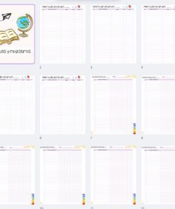 Cuadrícula de 12 coloridas hojas de registro de lectura en español para estudiantes, cada una de ellas con tablas para el seguimiento de los libros leídos. En la parte superior izquierda, una ilustración muestra un globo terráqueo, un libro abierto y el texto 