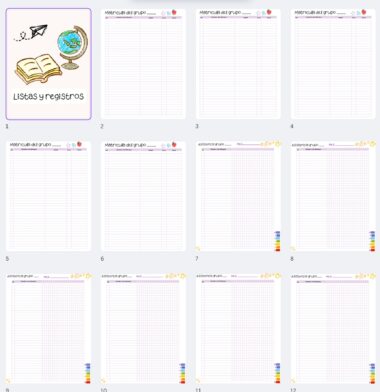 Cuadrícula de 12 coloridas hojas de registro de lectura en español para estudiantes, cada una de ellas con tablas para el seguimiento de los libros leídos. En la parte superior izquierda, una ilustración muestra un globo terráqueo, un libro abierto y el texto "Listas y registros.