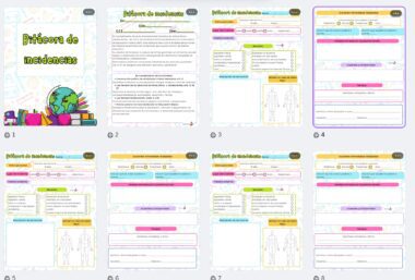 Cuaderno ilustrado de ocho páginas titulado "Bitácora de incidentes" en español con coloridos gráficos de temática escolar, formularios de notificación de incidentes, diagramas corporales y campos para detalles como fecha, hora, lugar, tipo de incidente y observaciones.