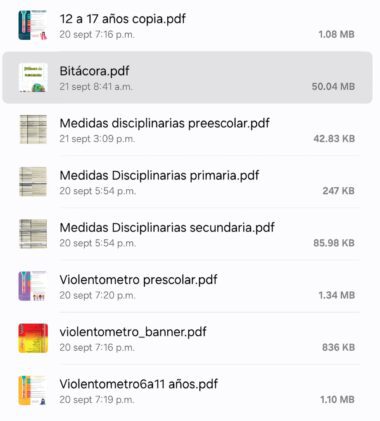 Captura de pantalla de un directorio de archivos que muestra documentos PDF en español, incluidos títulos como "Bitácora", "Medidas disciplinarias" y "Violentómetro", con los tamaños de los archivos enumerados junto a cada uno de ellos.