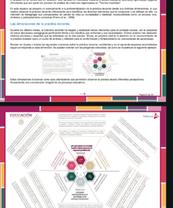 Dos diapositivas con contenido educativo en español. La diapositiva superior analiza las dimensiones de la práctica docente, mientras que la diapositiva inferior presenta un diagrama y un texto que exploran aspectos y dimensiones clave de la práctica docente. Ambas diapositivas tienen acentos rojos.