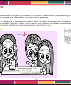 Tres niños de dibujos animados sonríen y se cogen de la mano. Dos bocadillos destacan la colaboración y las experiencias compartidas; un título amarillo dice 