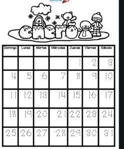 Calendario 2026 para trabajar con los alumnos 9 Calendario en blanco y negro de temática invernal con animales de nieve de dibujos animados y muñecos de nieve encima. Días de la semana en español. Cuadrícula del calendario con los números del 1 al 30 en líneas de puntos para calcar.