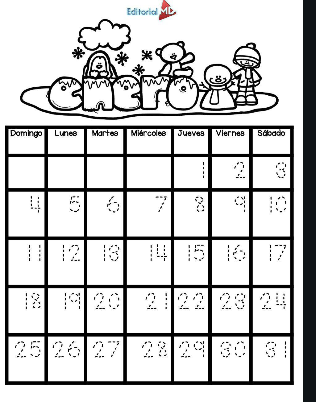 Calendario 2026 para trabajar con los alumnos 4 Calendario en blanco y negro de temática invernal con animales de nieve de dibujos animados y muñecos de nieve encima. Días de la semana en español. Cuadrícula del calendario con los números del 1 al 30 en líneas de puntos para calcar.