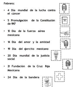 Calendario 2026 para trabajar con los alumnos 10 Una página del calendario en español para febrero enumera fechas importantes, como el Día Mundial contra el Cáncer y el Día de la Constitución, con pequeñas ilustraciones de dibujos animados en blanco y negro al lado de cada acontecimiento. El logotipo de Editorial MD aparece en la parte inferior derecha.