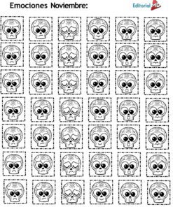 Calendario 2026 para trabajar con los alumnos 11 Una cuadrícula de caras de calavera de dibujos animados muestra diferentes emociones, como alegría, tristeza y enfado. El título dice
