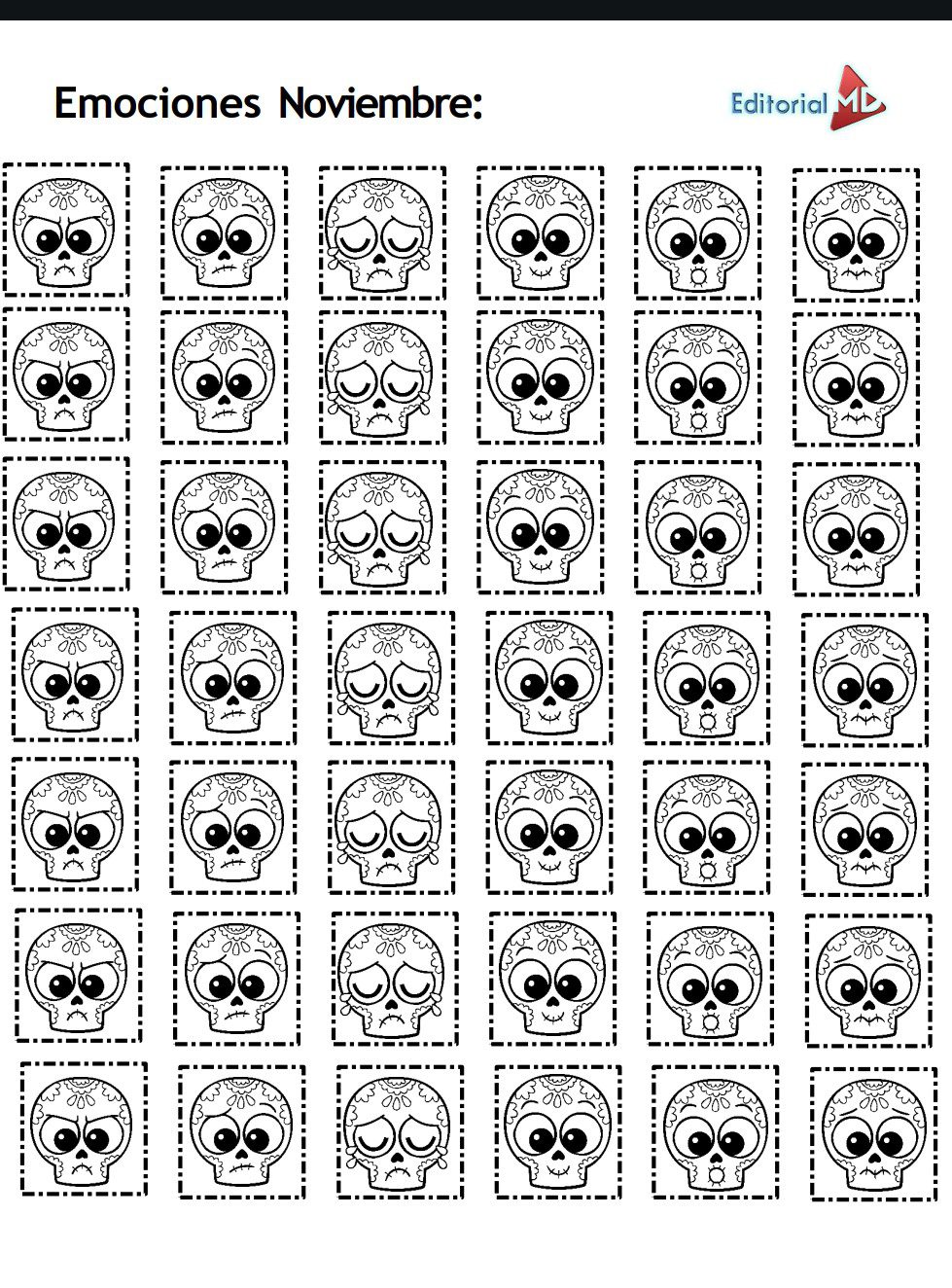 Calendario 2026 para trabajar con los alumnos 6 Una cuadrícula de caras de calavera de dibujos animados muestra diferentes emociones, como alegría, tristeza y enfado. El título dice "Emociones Noviembre". El logotipo de Editorial MD aparece en la esquina superior derecha.
