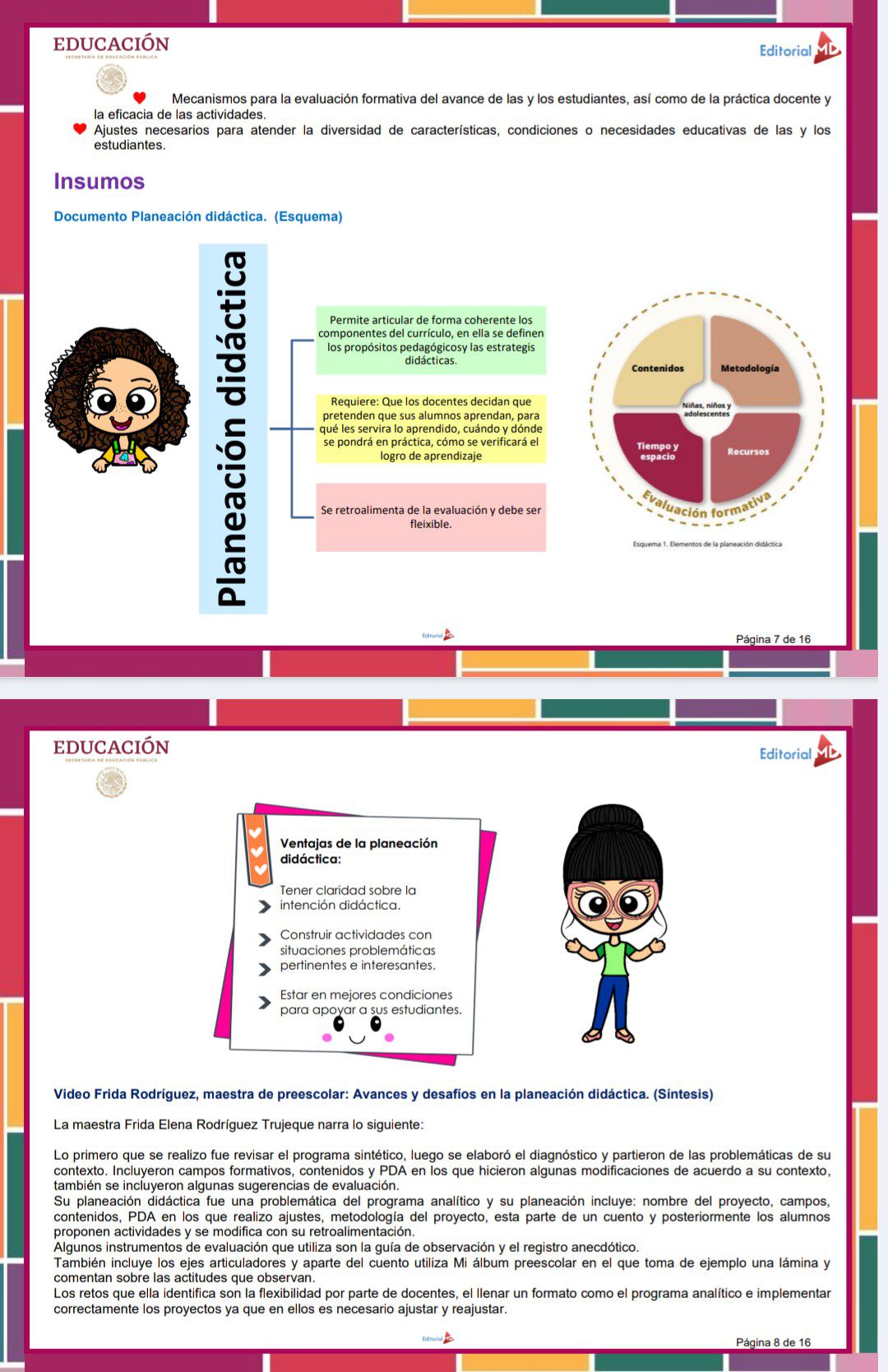 Productos Contestados Cuarta Sesión CTE 2025 - 2026 Preescolar Tema 1. 4 Una página digital en español presenta secciones sobre "Planeación didáctica" con coloridas ilustraciones de una niña, un diagrama didáctico, cuadros de texto sobre estrategias de enseñanza y un resumen sobre evaluación formativa de Frida Díaz Barriga.