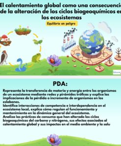 Un póster educativo en español explica el impacto del calentamiento global en los ciclos biogeoquímicos. Las ilustraciones muestran los ciclos del carbono y el nitrógeno, pirámides y un globo terráqueo con señales de advertencia. Textos e iconos destacan los desequilibrios de los ecosistemas.