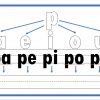 Silabación 35 Un diagrama educativo que ilustra la formación de silabación en español con vocales y la consonante 'p'. Las flechas conectan la 'p' con las vocales 'a', 'e', 'i', 'o', 'u', formando las sílabas 'pa', 'pe', 'pi', 'po', 'pu' on.