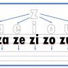 Silabación 43 Diagrama que muestra la letra 'z' unida a las vocales 'a, e, i, o, u' para formar sílabas 'za, ze, zi, zo, zu' indicadas por flechas, todas en líneas de práctica de escritura a mano.
