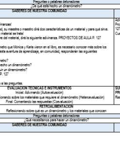 Una tabla de planificación de lecciones en español con columnas para actividades, recursos y métodos de evaluación. Incluye acertijos, conocimiento comunitario, evaluación técnica e indicaciones para la reflexión. La mesa enfatiza el aprendizaje basado en proyectos a través de ejercicios interactivos e integra el método ESTIRAR en las lecciones del PROYECTO SEGUNDO SE PUEDE ESTIRAR.
