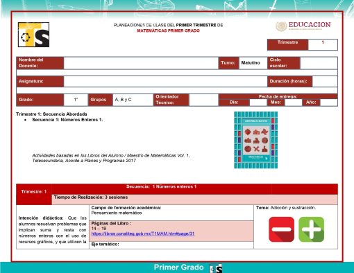 Una plantilla de plan de lección para el primer trimestre de matemáticas de primer grado. Incluye secciones para nombres de estudiantes y maestros, materia y duración, trimestre y fecha. La atención se centra en aprender los números del 1 al 10, con actividades que implican suma y resta.