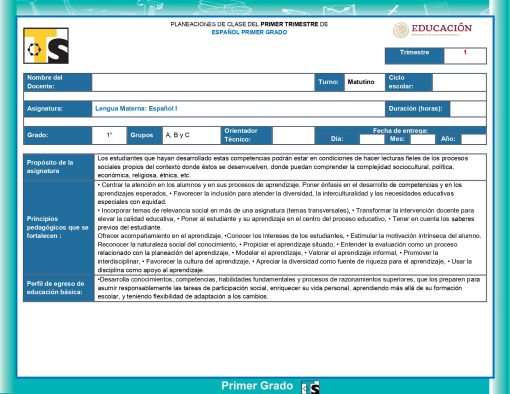 Una plantilla de un plan de lección educativa en español. El encabezado incluye logotipos y títulos. Las secciones incluyen Nombre del Docente, Turno, Ciclo Escolar, Asignatura, Duración (horas), Grado, Grupo, Orientación Técnica, Fecha de entrega, entre otras. La tabla está detallada y organizada.