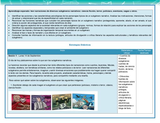 Un documento de plan de lección en español describe los objetivos y estrategias educativas. Se centra en la lectura de narrativas de diferentes géneros como ciencia ficción, terror y aventuras. El plan incluye actividades específicas y muestra ejemplos ilustrados en la parte inferior.