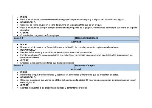 Una captura de pantalla de un documento que describe Planeaciones de Primaria Cuarto Grado 2021-2022 Nueva Escuela Mexicana (Incluye los 3 Trimestres) con detalles de la sesión, actividades y recursos enumerados, incluidas actividades como iniciar a los estudiantes en la redacción y observación de croquis.