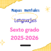 Fondo blanco con esquinas cuadriculadas amarillas, texto azul y rosa: "Mapas mentales, Lenguajes, Sexto grado, 2025-2026". Garabatos y líneas amarillas decoran la imagen. Una pequeña etiqueta negra dice "Toppersito de Marketing.