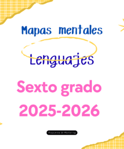 Fondo blanco con esquinas cuadriculadas amarillas, texto azul y rosa: "Mapas mentales, Lenguajes, Sexto grado, 2025-2026". Garabatos y líneas amarillas decoran la imagen. Una pequeña etiqueta negra dice "Toppersito de Marketing.