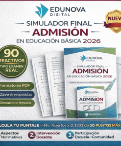 Imagen promocional del "Simulador Final de Admisión en Educación Básica 2026" de EDUNOVA Digital, con la portada del libro, características principales y un distintivo que indica "Nuevo". Incluye iconos e información sobre el simulador.