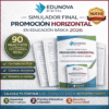 Gráfico promocional para "Simulador Final Promoción Horizontal en Educación Básica 2026" de Edunova Digital, con una imagen de portada, texto destacado, iconos y una clave de respuestas de muestra, con acentos dorados y azules.
