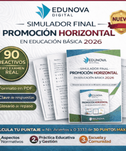 Gráfico promocional para "Simulador Final Promoción Horizontal en Educación Básica 2026" de Edunova Digital, con una imagen de portada, texto destacado, iconos y una clave de respuestas de muestra, con acentos dorados y azules.