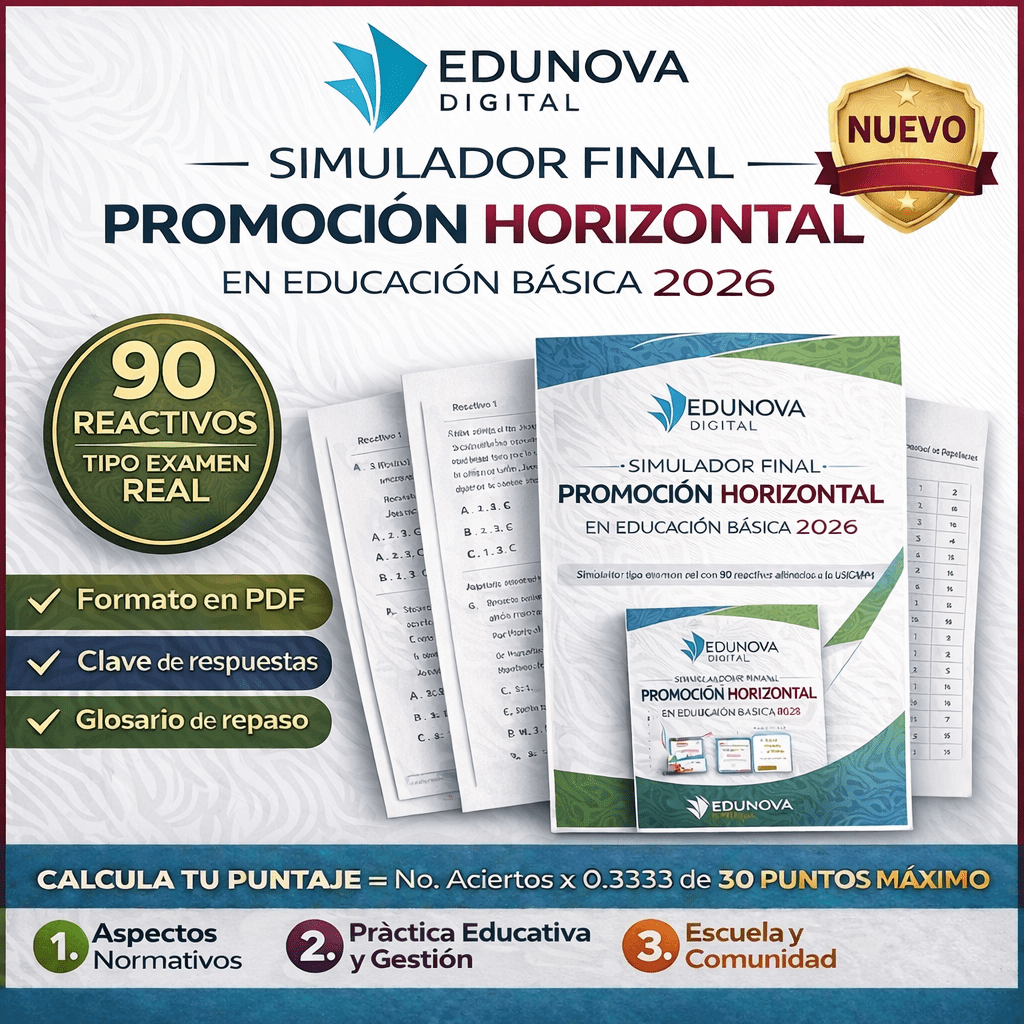 Examen de Promoción Horizontal en Educación Básica 2026 | USICAMM | 90 Reactivos 1 Gráfico promocional para "Simulador Final Promoción Horizontal en Educación Básica 2026" de Edunova Digital, con una imagen de portada, texto destacado, iconos y una clave de respuestas de muestra, con acentos dorados y azules.