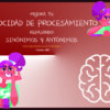 Cartel digital con el texto "Mejora tu velocidad de procesamiento repasando sinónimos y antónimos", dos chicas de dibujos animados con pelo morado y camiseta verde -una enfadada, otra sonriendo- y una ilustración de un cerebro blanco.