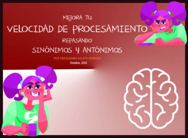 Cartel digital con el texto "Mejora tu velocidad de procesamiento repasando sinónimos y antónimos", dos chicas de dibujos animados con pelo morado y camiseta verde -una enfadada, otra sonriendo- y una ilustración de un cerebro blanco.