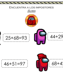 Imagen de cuatro personajes de "Among Us" con problemas matemáticos al lado de cada personaje. El carácter rojo muestra 25 + 68 = 93, el carácter rosa muestra 44 + 29 = 73, el carácter marrón muestra 46 + 51 = 97 y el carácter rojo con gorro muestra 68 + 42 = 95. Perfecto para operaciones básicas con temática de Entre nosotros.