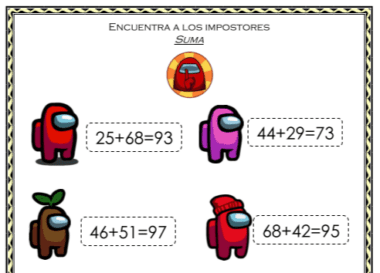 Imagen de cuatro personajes de "Among Us" con problemas matemáticos al lado de cada personaje. El carácter rojo muestra 25 + 68 = 93, el carácter rosa muestra 44 + 29 = 73, el carácter marrón muestra 46 + 51 = 97 y el carácter rojo con gorro muestra 68 + 42 = 95. Perfecto para operaciones básicas con temática de Entre nosotros.