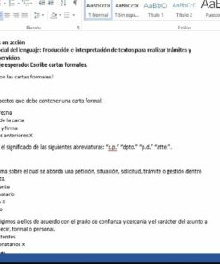 Una captura de pantalla de un documento abierto de Segundo Examen Trimestral de Español - Primero de Secundaria (NME) que muestra texto en español principalmente sobre comunicación administrativa, con partes resaltadas relacionadas con un 