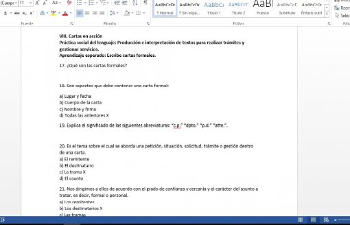 Una captura de pantalla de un documento abierto de Segundo Examen Trimestral de Español - Primero de Secundaria (NME) que muestra texto en español principalmente sobre comunicación administrativa, con partes resaltadas relacionadas con un "EXAMEN ESPAÑOL" y elementos visibles de la interfaz de Word, como la barra de herramientas.