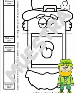 Una plantilla para manualidades de Marionetas Big Mouth del Día de San Patricio con instrucciones de corte y plegado en español. La plantilla incluye secciones para doblar y pegar, y presenta un duende ilustrado con un sombrero y un traje verdes. Perfecta para la diversión del Día de San Patricio, la palabra 
